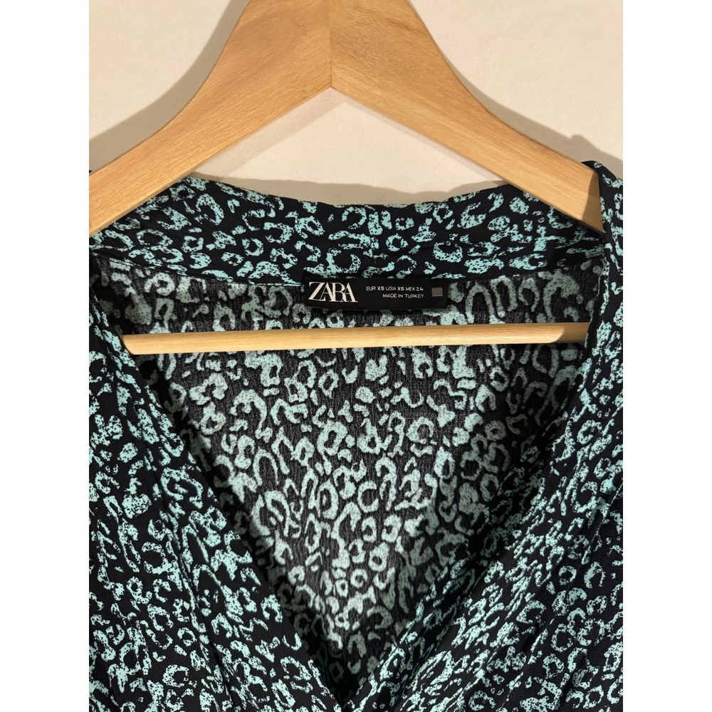 Zara Blue & Black Leopard Print Wrap Mini Dress Women's XS 3/4 Sleeve - Picture 3 of 5